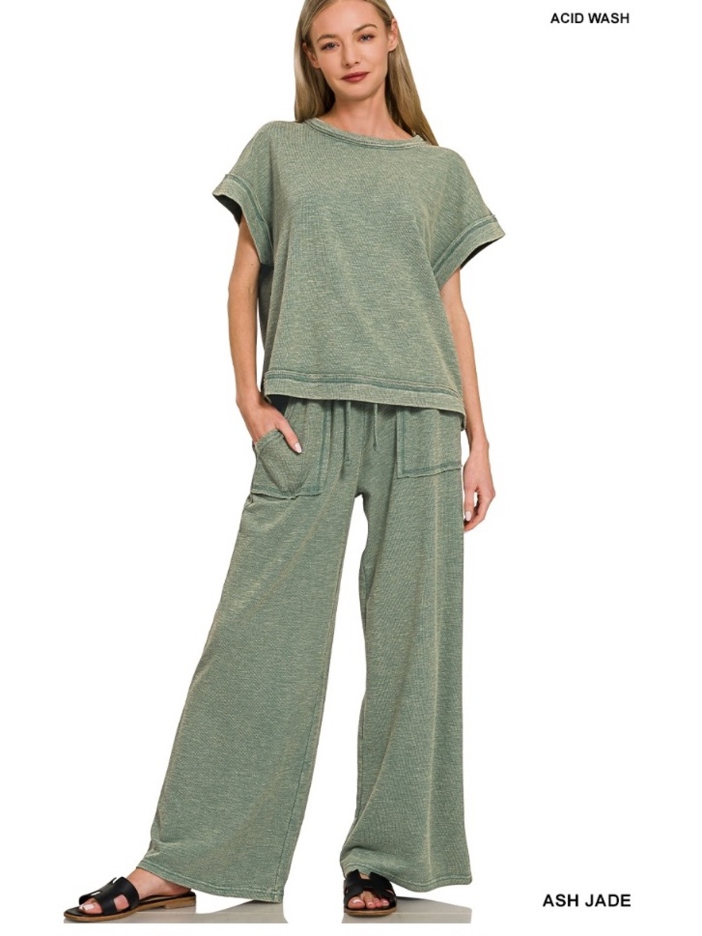 247 ❤️ ZENANA ash jade COTTON SLUB SHORT SLEEVE
TEE & LONG PANTS SET